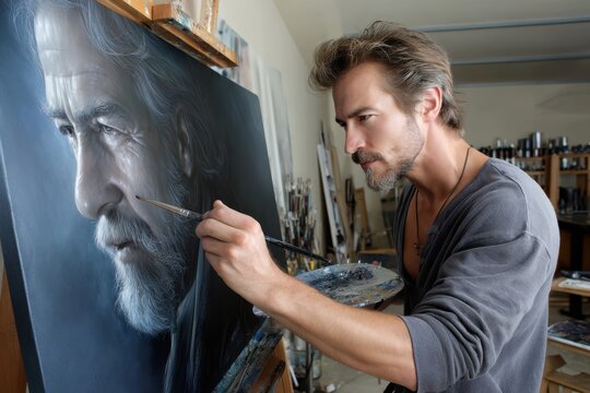 Artist creates hyper-realistic portrait in studio filled with art supplies