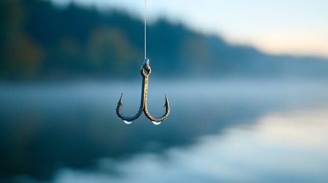 Metal fishing hook with water droplets hanging against misty lake background - outdoor leisure activity