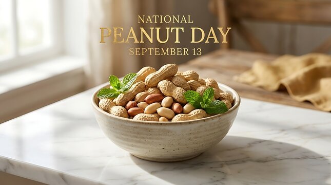 A bowl filled with peanuts in their shells and shelled peanuts, garnished with fresh mint leaves, set on a marble surface for national peanut day