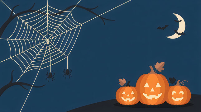 Three smiling jack o lantern pumpkins with spider web and moon halloween illustration