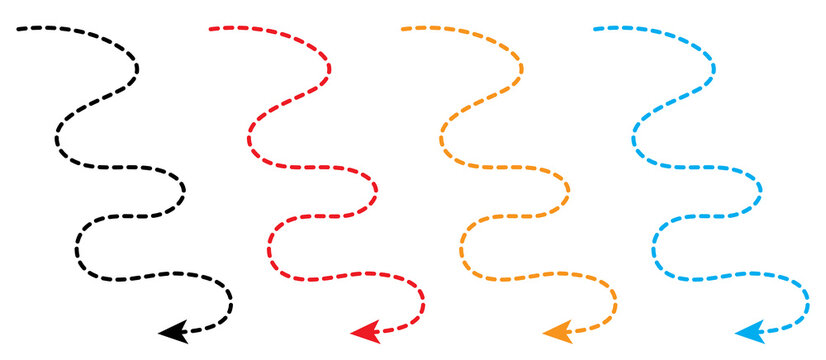 Set of isolated hand-drawn dashed trajectory path arrows on a transparent background, creative dashed arrow vector design elements for flow and direction concepts.