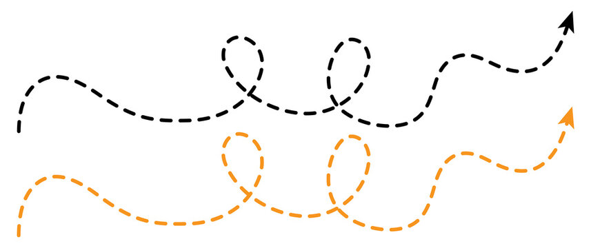 Set of two hand-drawn black and yellow dashed arrow path lines, with loops isolated on a transparent background, vector illustration for your design projects.