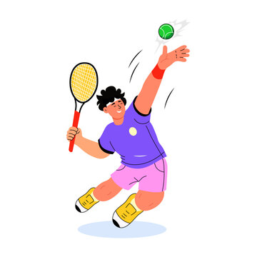 A tennis player tosses a green ball overhead and swings the racket upward for a serve, shown in a stretched athletic pose with expressive motion details.