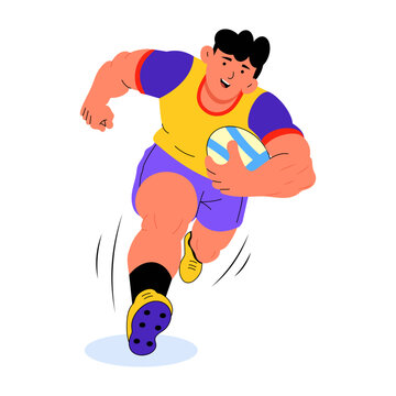 A rugby player runs powerfully with the ball secured in one arm, driving forward in a compact sprinting pose with bold motion lines and athletic energy.