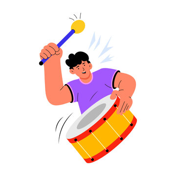 A sports supporter marches while playing a round drum with two mallets, shown in a lively forward step with bold colors and energetic performance movement.