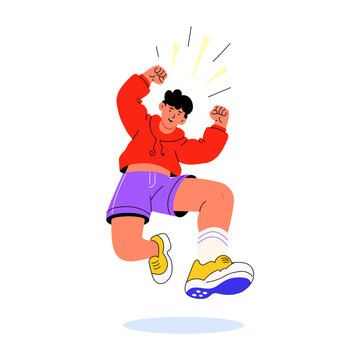 A soccer player celebrates with both arms lifted while a ball drops above the head, shown in a joyful jumping pose with energetic movement and impact marks.