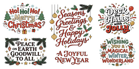  Christmas typography badge collection with festive holiday greetings and cute winter wonderland elements vector © MDSohag