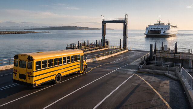 School bus arriving at ferry terminal with boat in background. School bus parked at dock next to water, preparing for kids to board ferry for trip. Concept of back to school and travel adventures.