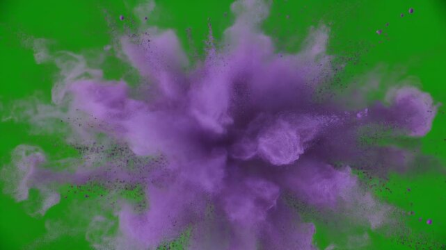 Purple abstract explosion expanding with smoke and particles in cinematic motion against a green screen background