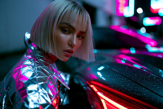 Futuristische Frau im silbernen Metallic-Outfit posiert neben Sportwagen