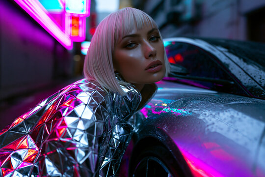Futuristische Frau im silbernen Metallic-Outfit posiert neben Sportwagen