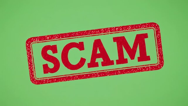 Red Stamp SCAM imprint appearing sequentially on green background with subtle camera zoom out for concept of fraud detection