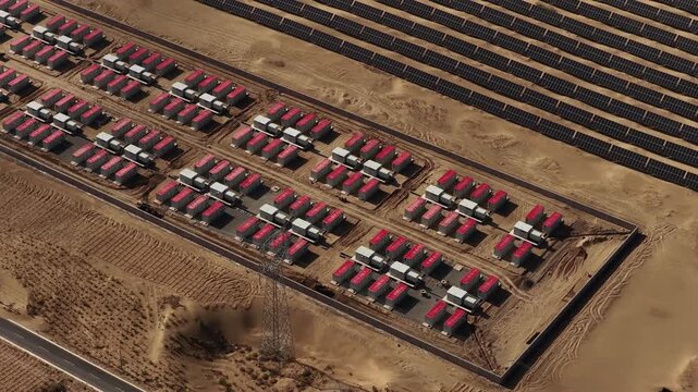 Aerial View of Utility-Scale Solar Farm with Battery Energy Storage System in Arid Desert