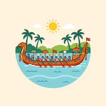 Vibrant vector illustration of a traditional Kerala snake boat race with rowers, palm trees, and a sunny sky, depicting a cultural festival.