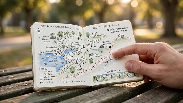 Hand Pointing at a City Park Walking Route Flipbook on a Wooden Bench
