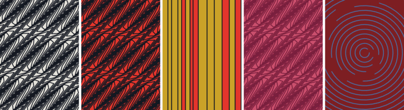 Abstract geometric patterns set with zig zag lines and colorful vertical stripes and circular arcs