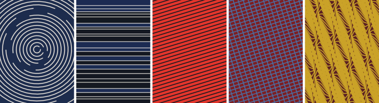 Set of abstract line patterns with circular concentric arcs and parallel horizontal and diagonal stripes