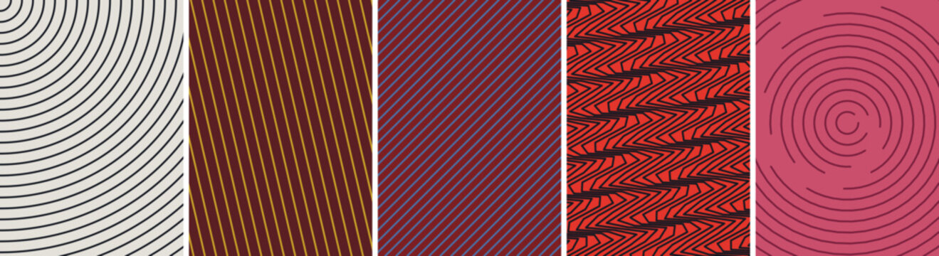 Set of linear backgrounds featuring concentric circles and diagonal lines and abstract zigzag patterns