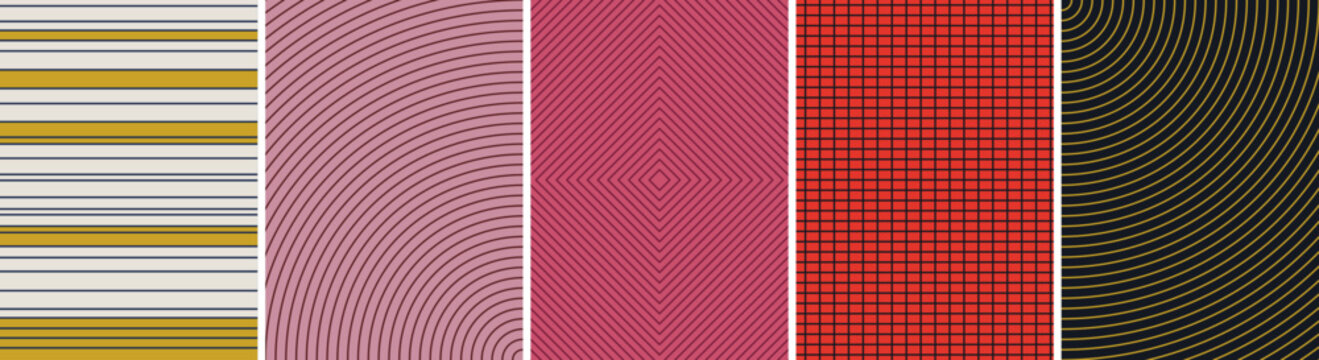 Abstract geometric background set featuring horizontal stripes and circular arcs and grid patterns