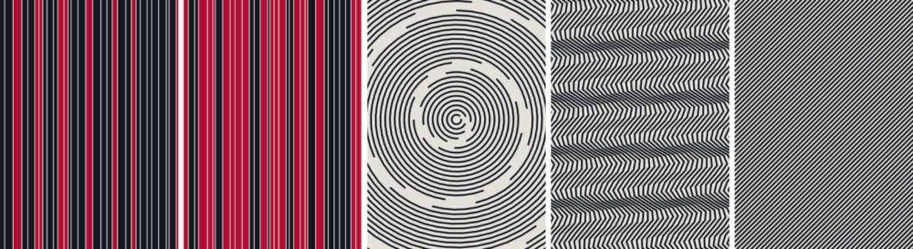 Contemporary graphic patterns set featuring red and black vertical stripes with wavy linear textures