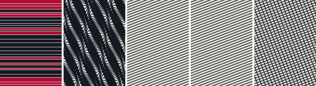 Abstract pattern collection with red and black horizontal stripes and intricate geometric line networks