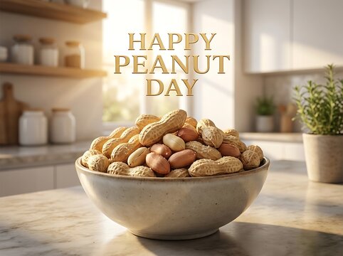 A rustic bowl filled with whole and shelled peanuts sits on a marble kitchen countertop in a bright, sunlit kitchen setting for national peanut day