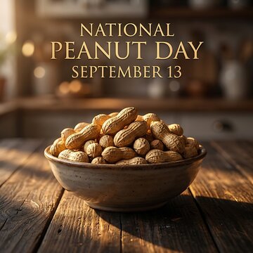 National peanut day september 13 celebration poster featuring a rustic bowl filled with whole peanuts on a wooden table in a warm kitchen setting
