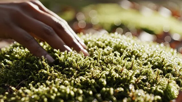 Hand Touching Green Moss Gently in Sunlit Forest Texture Cinematic Close Up Nature Concept