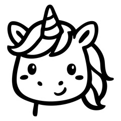 Fototapeta premium Icono con dibujo sencillo con líneas de la cabeza de un simpático unicornio infantil, mirando de frente