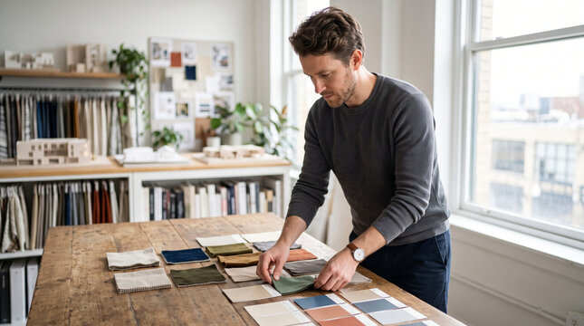 Designer selecting fabric swatches and color samples in a studio