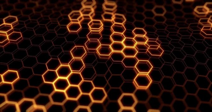 Golden Glowing Hexagonal Honeycomb Tech Grid Structure Background
