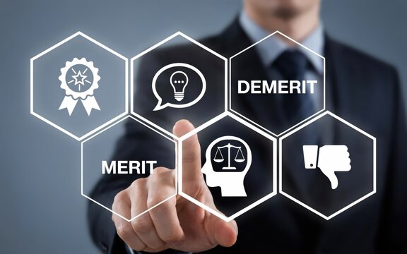 Businessman touching a virtual interface with merit and demerit icons