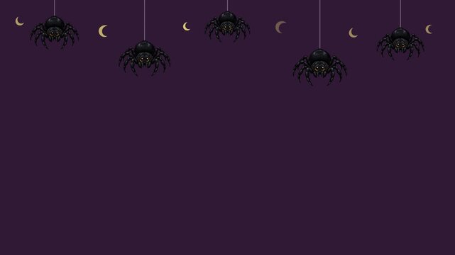 Hanging black spider with crescent moon on dark purple background animation
