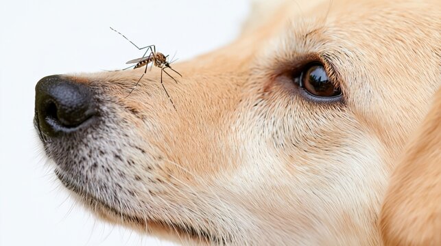 Golden dog allowing mosquito to perch on nose in plain studio