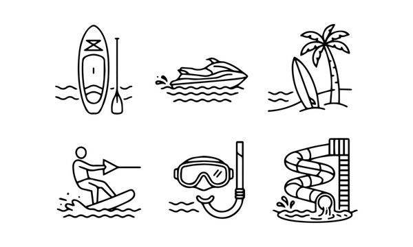 Water Sports and Beach Activity Line Icon Set