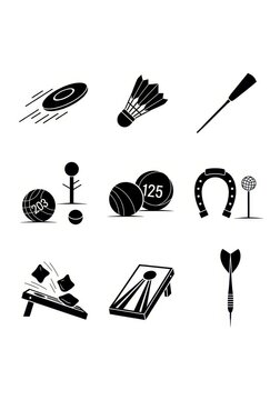 Set of Black and White Icons for Popular Lawn and Outdoor Games Including Cornhole, Frisbee, Badminton, and Horseshoes
