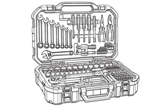portable tool case, tool case, tool box, portable toolbox, tool storage, tool organizer, carrying case, equipment case, hand tool case, black and white, line art, vector illustration, outline drawing,