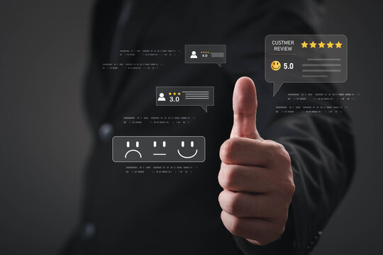 Customer review and satisfaction concept with five-star rating, client feedback, user experience, online reputation, quality service and business trust to improve customer loyalty, brand credibility.