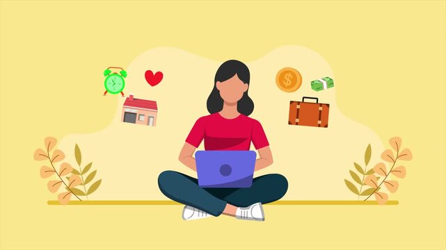 Mindfulness improving productivity and personal wellbeing. Work life balance concept. Full length Icon animation illustration. High quality&nbsp;4k&nbsp;footage