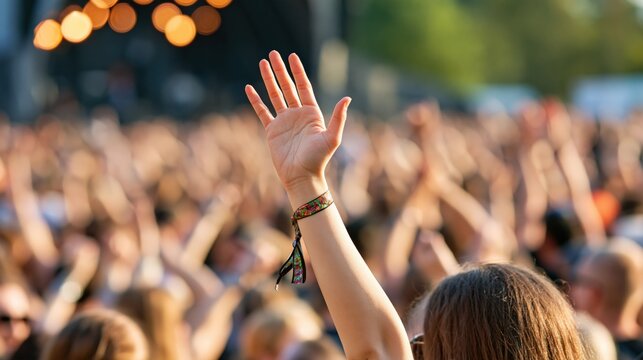 Audience member raising hand amid crowd at outdoor concert
