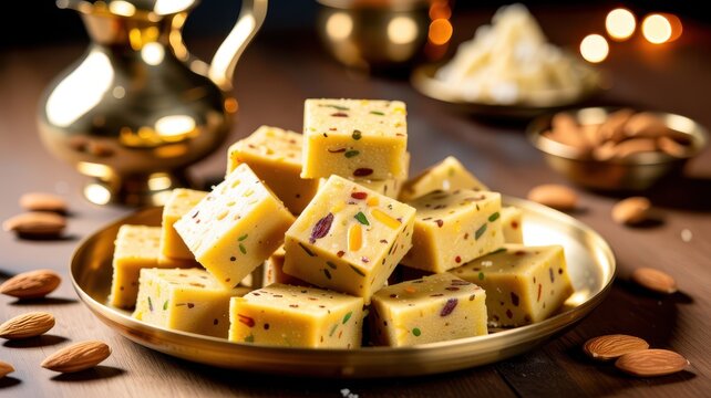 Happy Diwali Pile of delicious traditional Indian sweets barfi arranged on a golden plate with almond garnishes for festive Diwali celebration
