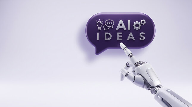 Robotic hand pointing at a purple speech bubble with AI ideas text and icons, artificial intelligence brain storming and creative technology concept