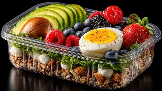 Fresh fruit and protein power bowl with avocado, egg, berries, and nuts in plastic container.