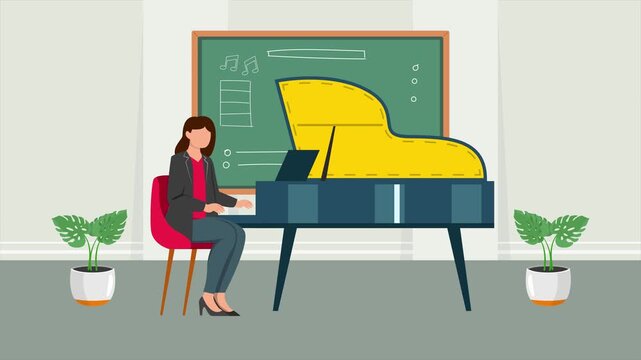 The student participates in piano extracurricular activities. extracurricular activity concept. Full length Icon animation illustration. High quality&nbsp;4k&nbsp;footage