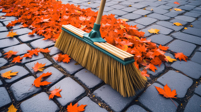 A wooden broom sweeps a neat path through bright autumn maple leaves on a stone pavement. Autumn yard cleanup process, seasonal sidewalk maintenance, outdoor gardening.