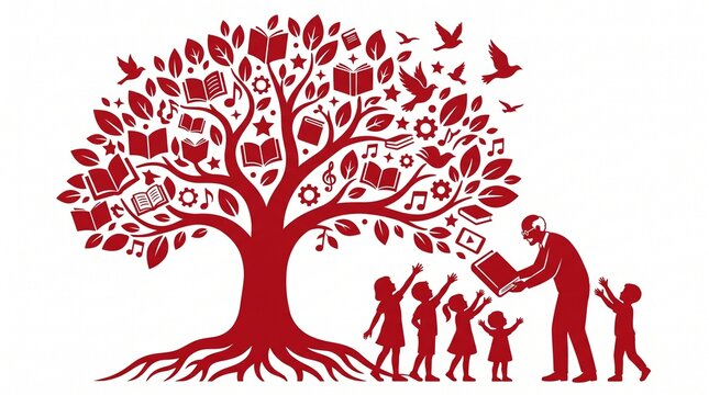 Red silhouette of a tree of knowledge with book leaves. Teacher reading to children, white backdrop.
