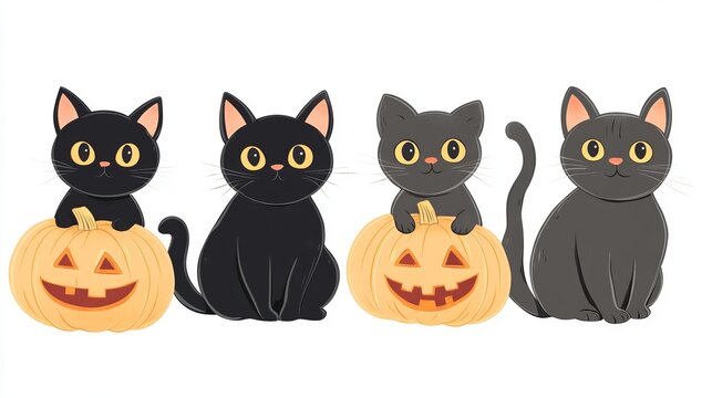 Four playful black cats with pumpkins in a festive autumn theme for Halloween celebration