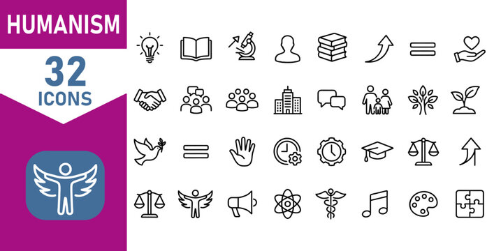 32 Humanism and Human Rights Line Icons Collection, Charity, Equality and Community Outline Symbols