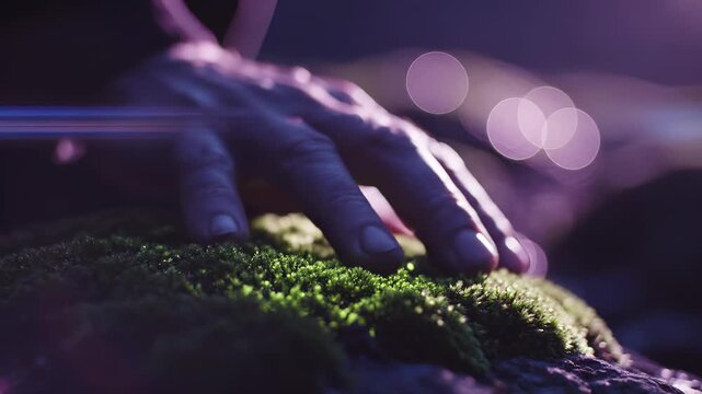 Aging Hand Caressing Vibrant Green Moss Macro Shot Cinematic Purple Lighting and Bokeh