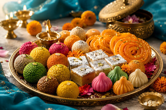 Colorful Indian Sweets with Jalebi, Barfi and Modak on a Brass Platter